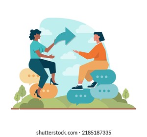 Sharing concept. Character using devices to share posts in social media. Information and ideas online spreading. Flst vector illustration