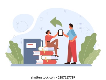 Concepto compartido. Caracteres que usan dispositivos para compartir publicaciones en medios sociales. Información e ideas difundidas en línea. Ilustración vectorial plana