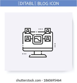 Icono de línea de contenido compartido. Blogueo y transmisión. Redes sociales. Administración de contenido. marketing en Internet. Comunicación en línea, contactos. Ilustración vectorial aislada. Trazo editable 