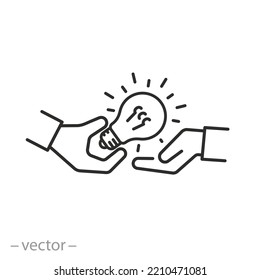 sharing creative idea, person handing over a light bulb, collaboration brainstorming, thin line symbol on white background - editable stroke vector illustration eps10