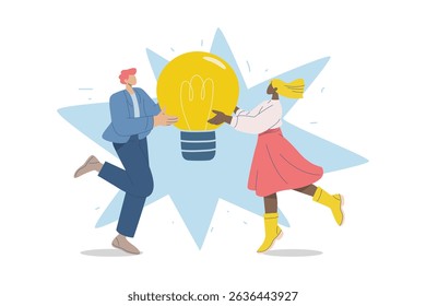 Sharing creative ideas, Corporate problem solving, Brainstorming, teamwork, Men and women holding light bulbs together, Flat design vector illustration.
