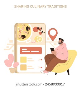 Sharing culture concept. Man interacts with a food app to explore culinary traditions, promoting cultural exchange. Vector illustration.