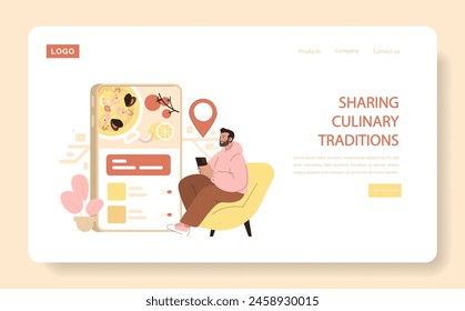 Sharing Culture concept. Man on digital tablet explores diverse cuisine on a food blog, highlighting global culinary habits. Cooking recipes online. Vector illustration.