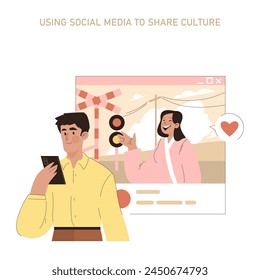 Sharing Culture concept. Social media used for cultural exchange with diverse online interactions. Modern communication illustrating global connection. Vector illustration.
