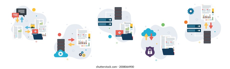  Sharing, data, backup, documents and safely icons. Concepts of with file sharing, shared documents, data backup and download files safely.  Flat design icons in vector illustration.