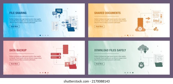  Sharing, data, backup, documents and safely icons. Concepts of file sharing, shared documents, data backup and download files safely. Technology and computer icon set. 