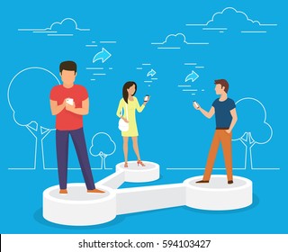 Sharing Data Concept Vector Illustration Of Young People Using Mobile Smartphone To Share Posts And News In Social Networks. Flat People Standing On Symbol And Reposting Images And News To Each Other