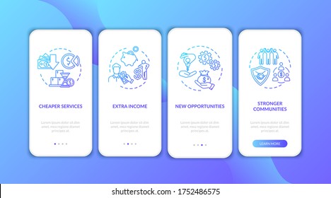 Sharing economy benefits onboarding mobile app page screen with concepts. Collaborative consumptions pros walkthrough four steps graphic instructions. UI vector template with RGB color illustrations