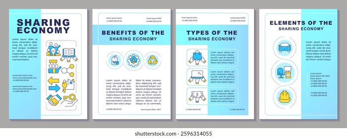 Sharing economy blue brochure template. Production and consumption goods exchange. Collaboration. Leaflet design with linear icons. Editable 4 vector layouts