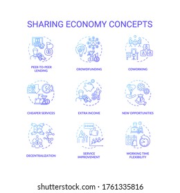 Sharing economy blue gradient concept icons set. Service improvement with investment. Collaborative work on business project idea thin line RGB color illustrations. Vector isolated outline drawings