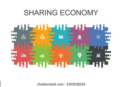 Sharing economy cartoon template with flat elements. Contains such icons as coworking, car sharing, Crowdfunding