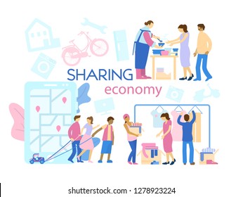 Sharing Economy Concept Banner. Different Ascpects Of Sharing Economy: Car Sharing, Food And Clothes Donation.