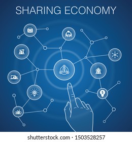 Sharing Economy Concept, Blue Background.coworking, Car Sharing, Crowdfunding, Innovation Icons