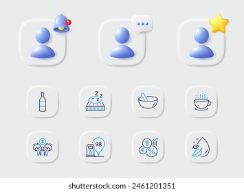 Sharing economy, Cooking mix and Mattress line icons. Placeholder with 3d star, reminder bell, chat. Pack of Inflation, Petrol station, Coffee cup icon. Wine bottle, Water drop pictogram. Vector