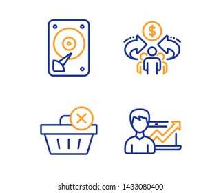 Sharing economy, Hdd and Delete purchase icons simple set. Success business sign. Share, Hard disk, Remove from basket. Growth chart. Business set. Linear sharing economy icon. Colorful design set