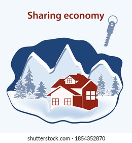 Sharing Economy. House in the snowy mountains. Vector illustration. Design Concept