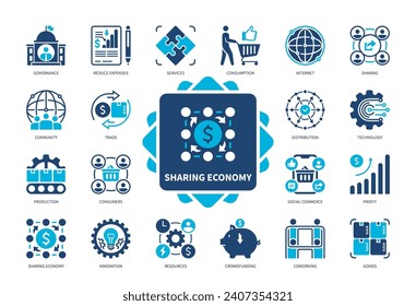 Sharing Economy icon set. Resources, Consumption, Crowdfunding, Innovations, Sharing, Reduce Expenses, Governance, Profit, Distribution. Duotone color solid icons