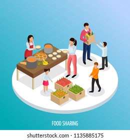 Sharing economy isometric background with view of ripe fruits and ready food for sharing with people vector illustration