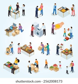 Sharing economy isometric collection of isolated human characters of people sharing clothes goods and food