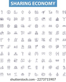 Sharing economy line icons, signs set. Collaborative, Bartering, Exchange, Platforms, Networking, Connecting, Carsharing, Homesharing, Bikesharing outline vector illustrations. svg