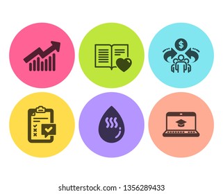 Sharing economy, Love book and Checklist icons simple set. Demand curve, Hot water and Website education signs. Share, Customer feedback. Business set. Flat sharing economy icon. Circle button. Vector