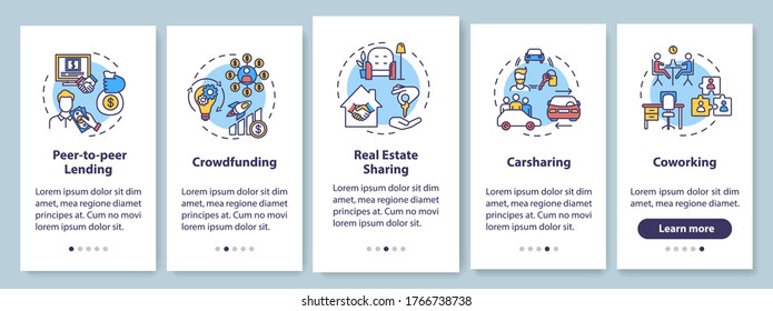 Sharing economy onboarding mobile app page screen with concepts. Collaborative business models walkthrough five steps graphic instructions. UI vector template with RGB color illustrations