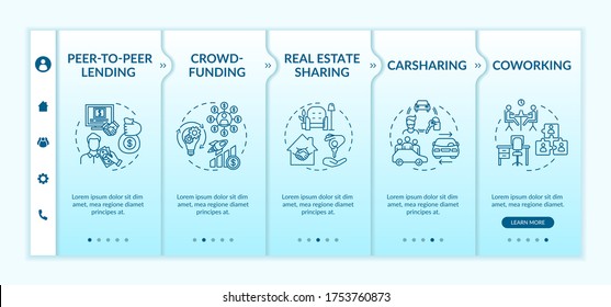 Plantilla de vector de economía compartida. Servicios de distribución de carteras, crowdfunding y de bienes raíces. Sitio web móvil de respuesta con iconos. Pantallas de paso del tutorial de páginas web. concepto de color RGB