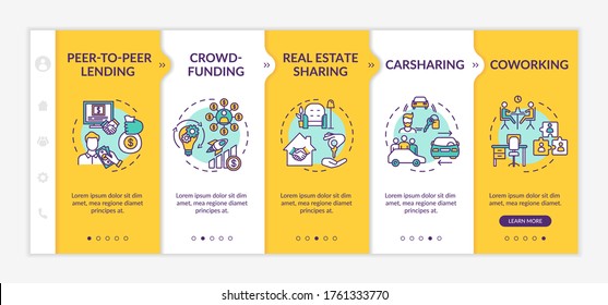 Sharing economy onboarding vector template. Collaborative consumption, innovative business models. Responsive mobile website with icons. Webpage walkthrough step screens. RGB color concept