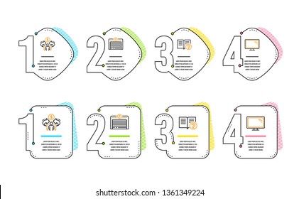 Sharing economy, Parking garage and Help icons simple set. Monitor sign. Share, Automatic door, Documentation. Computer component. Technology set. Infographic timeline. Line sharing economy icon