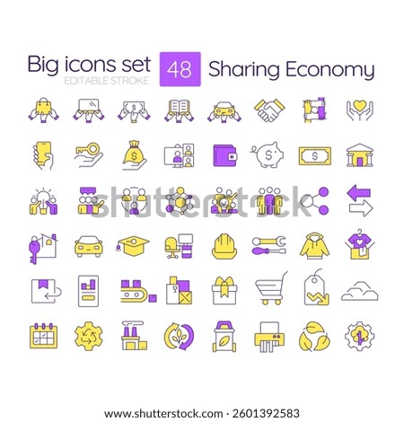 Sharing economy RGB color icons set. Exchanging goods and services between consumer. Social system. Isolated vector illustrations. Simple filled line drawings collection. Editable stroke