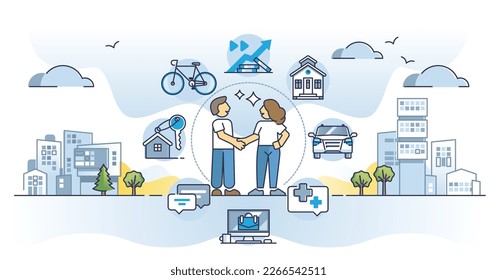 Compartir economía y ahorrar dinero con el diagrama de esquema de colaboración de servicios. Utilizar un vehículo, una casa o aparatos y compartirlos con la sociedad para obtener beneficios financieros y un consumo más barato de ilustración de vectores