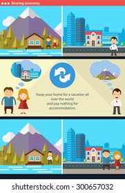 Sharing economy and smart consumption concept. Vector illustration in flat style.