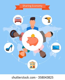 Sharing economy and smart consumption concept. Vector illustration in flat style. People save money and share resources.