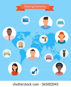 Sharing economy and smart consumption concept. Vector illustration in flat style. People save money and share resources.