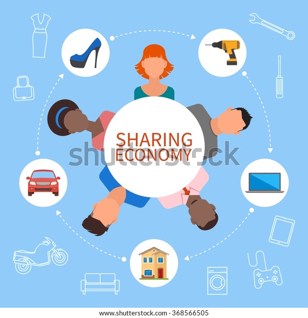 Sharing\
economy and smart consumption concept. Vector illustration in flat\
style. People save money and share\
resources.