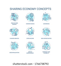 Sharing economy turquoise concept icons set. Service improvement. Collaborative work on business project idea thin line RGB color illustrations. Vector isolated outline drawings. Editable stroke