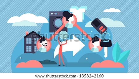 Sharing economy vector illustration. Flat tiny access finance persons concept. B2B company financial assets strategy platform as mode of consumption. Corporate market exchange service and goods method
