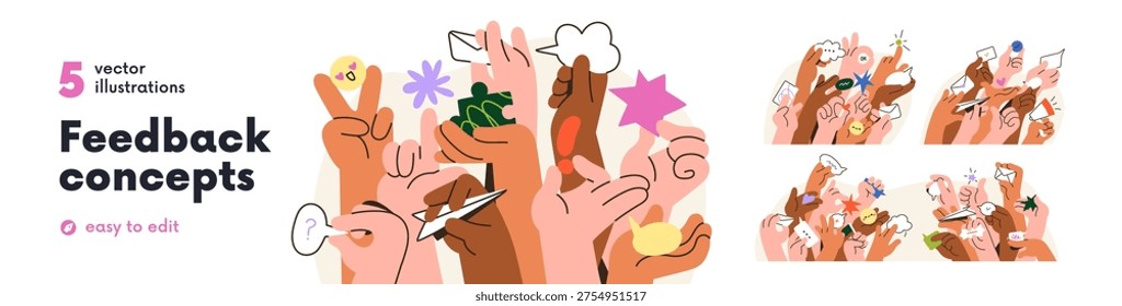 Sharing feedback, opinion concept. Public forum, social discussion in people group, community. Raised hands crowd, society voices, reviews. Flat vector illustration isolated on white background