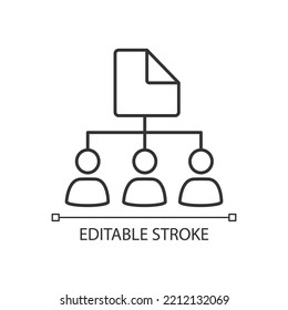 Compartir archivo con el icono lineal de diferentes usuarios. Acceso al documento para varias cuentas. Permisos. Ilustración de línea delgada. Símbolo de contorno. Dibujo del contorno del vector. Trazo editable. Tipo de letra arial utilizado