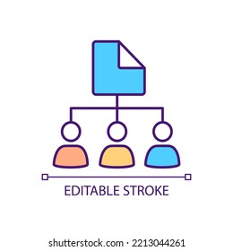 Sharing file with different users RGB color icon. Access to document for multiple accounts. Permissions. Isolated vector illustration. Simple filled line drawing. Editable stroke. Arial font used