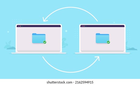 Sharing files between computers - Two laptops synchronising files and folders. Vector illustration