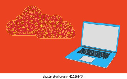 Sharing files and cloud backend as a service. Cloud tools for business and work. Cloud technology and service in vector isolated. Social networking and media, cloud technology and trend. Vector