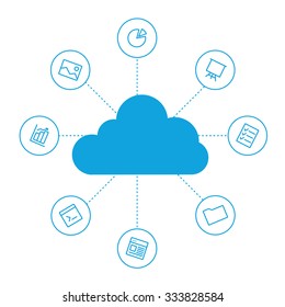 Proyecto para compartir archivos y materiales en la nube. Herramientas de cloud para negocios y trabajo. Tecnología de nube y servicio en vectores aislados. Redes sociales y medios, tecnología en la nube y tendencia. Vector