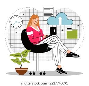 Sharing files online. Young girl sits on chair with laptop and uploads information to electronic archive. Poster or banner for website. Cloud storage, service. Cartoon flat vector illustration