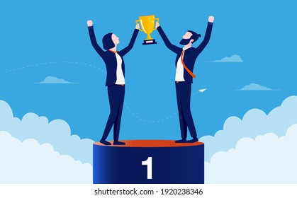 Sharing first place - Man and woman standing on podium cheering with trophy. Teamwork triumph and success concept. Vector illustration.