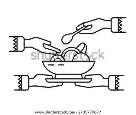 Sharing food from a bowl emphasizes themes of charity donation and communal hospitality involving multiple stylized hands offering and receiving portions of a meal.