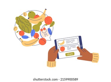 Sharing food online using mobile application, clicking on tablet screen. Hands making grocery donation, charitable help. Donating meal excess. Flat vector illustration isolated on white background