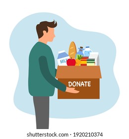Sharing food to people. Food donation concept. Man holding box full of food in flat design vector illustration on white background. Time for charity.	