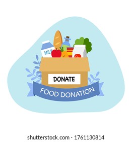 Sharing food to people. Foos donation. Boxes full of food in flat design vector illustration on white background. Time for charity.