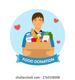 Sharing food to people. Foos donation concept. Man holding box full of food in flat design vector illustration on white background. Time for charity.	